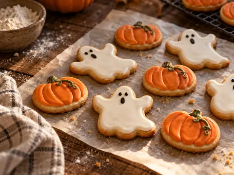 Homemade ghost and pumpkin cookies cooling on parchment paper