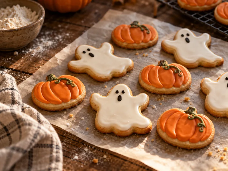Handmade ghost and pumpkin cookies cooling on parchment paper