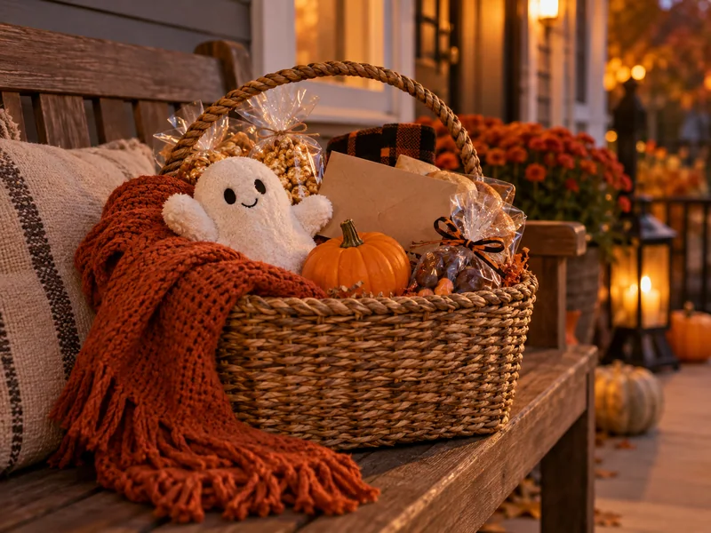 A woven Halloween gift basket with a blanket, sweets, a friendly ghost toy, and a small pumpkin