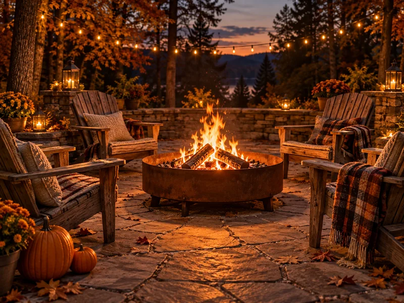 A contained outdoor fire pit surrounded by chairs and autumn lights