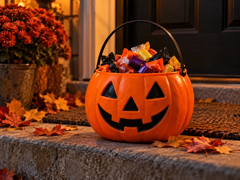 Pumpkin candy pail filled with wrapped sweets on an autumn doorstep