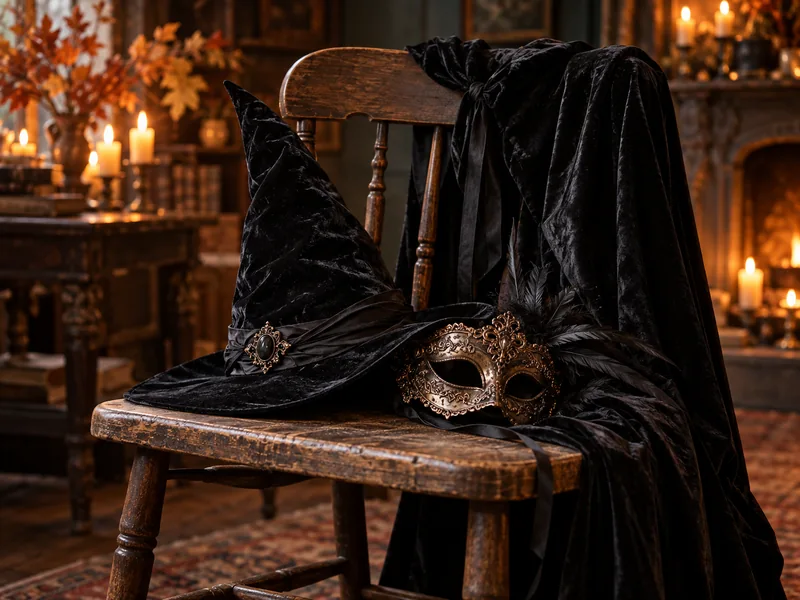 Black velvet witch hat, cape, and bronze mask on a wooden chair