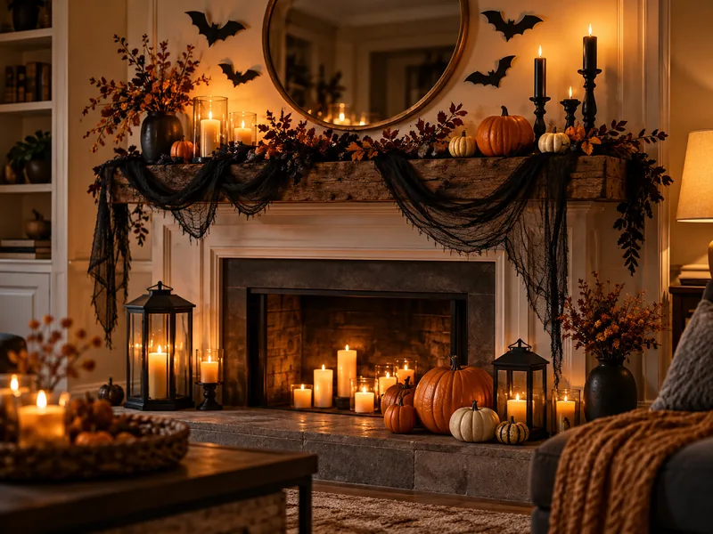 Cozy mantel decorated with candles, pumpkins, and black paper bats
