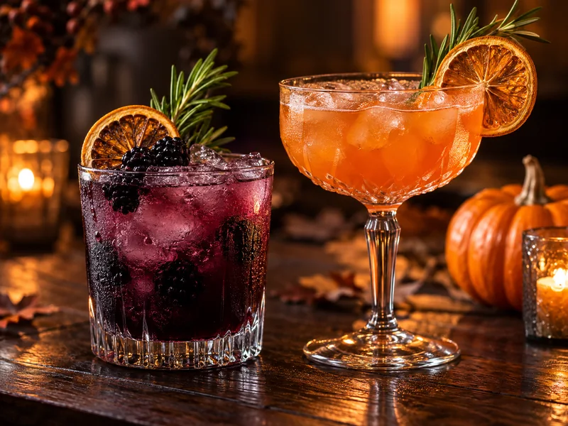 Blackberry and orange Halloween drinks with rosemary and citrus garnish