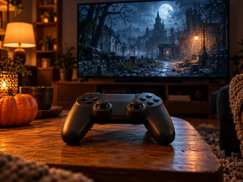 A game controller in front of a softly glowing spooky game scene