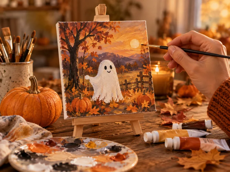A friendly ghost painting on a small canvas beside brushes and autumn craft supplies