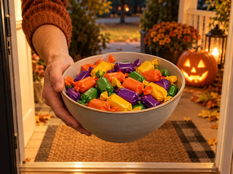 A hand offering a bowl of wrapped candy on a welcoming Halloween porch