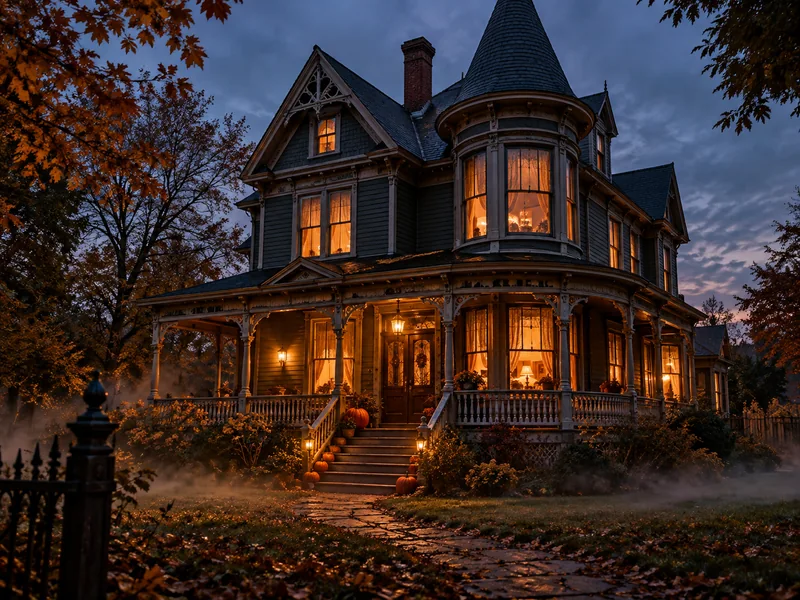 Old Victorian house with glowing windows and pumpkins at dusk