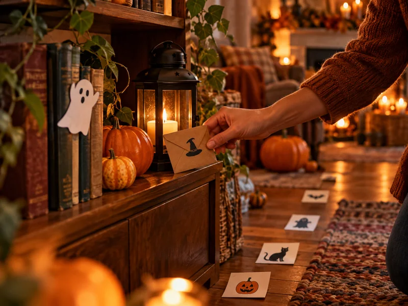 A hidden paper ghost clue and an envelope waiting to be found in a decorated autumn room