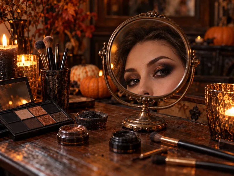 A Halloween makeup scene with dark cosmetics and warm autumn light