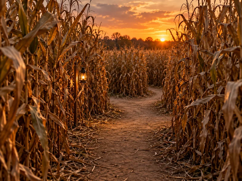 A winding path through tall autumn corn in warm evening light