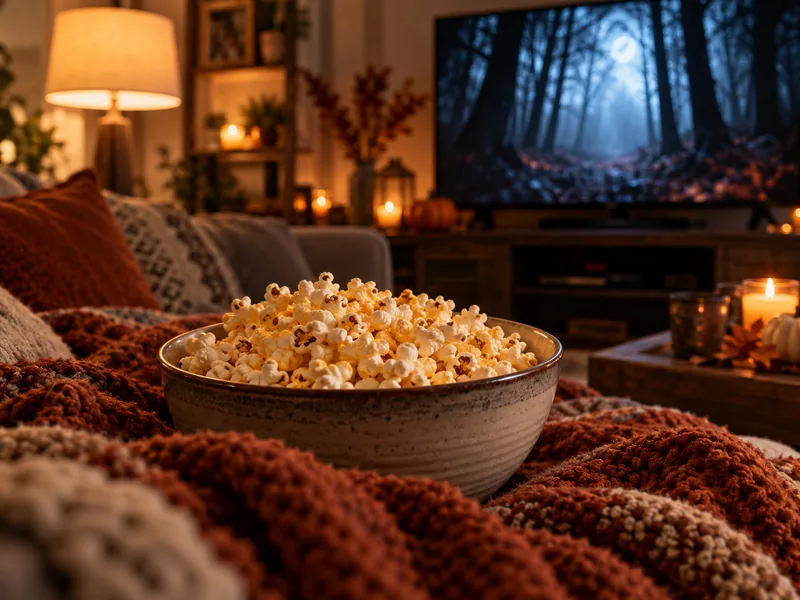Popcorn and a knitted blanket ready for a spooky movie night