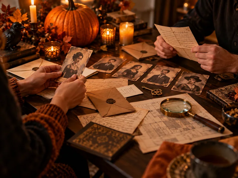 A fictional mystery game with clue envelopes, a magnifying glass, and a key on a Halloween table