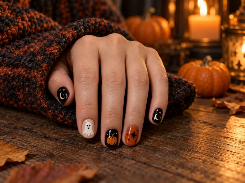 Elegant black and orange Halloween nail art on an adult hand