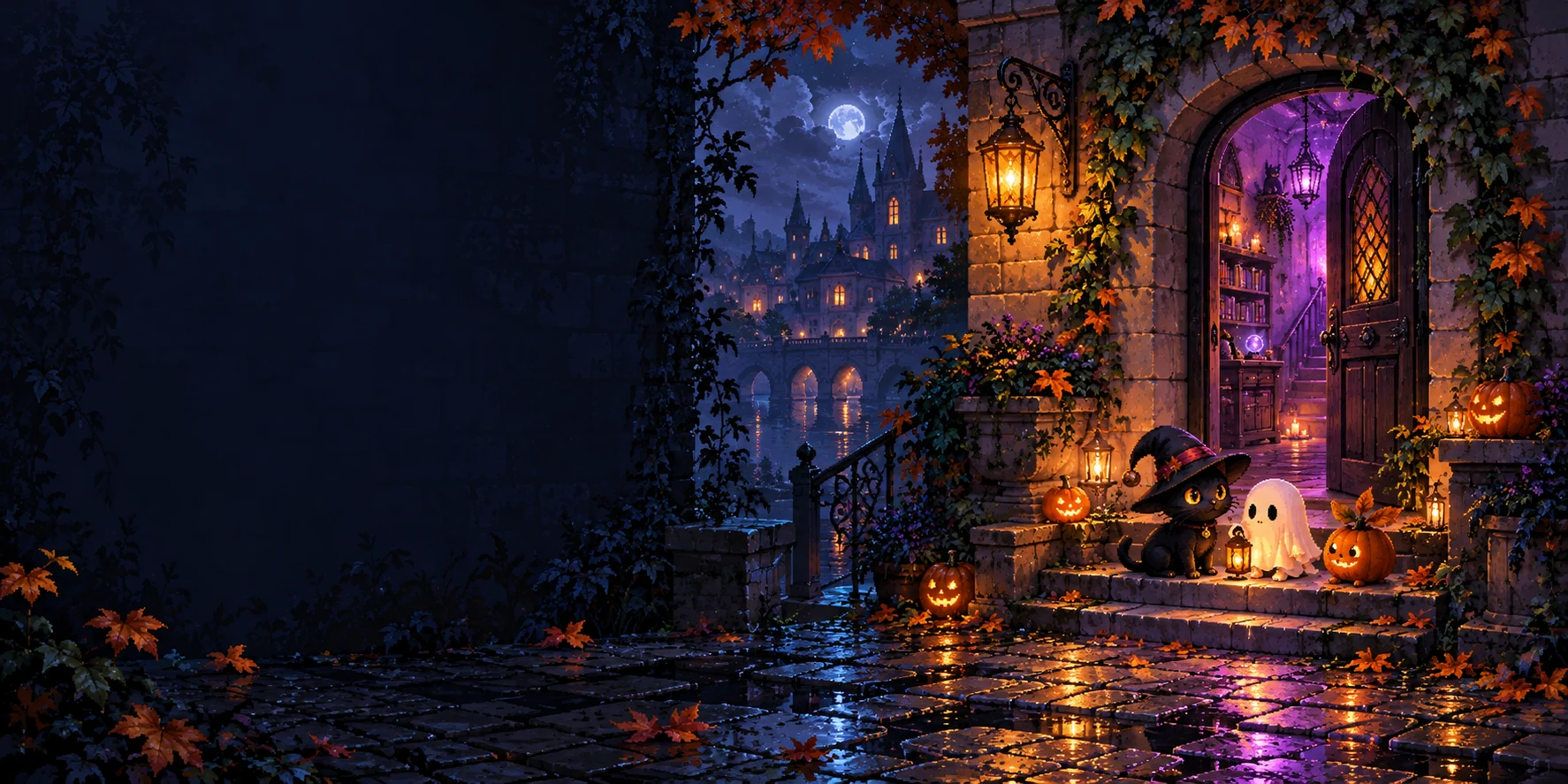 An illustrated Halloween night with a glowing violet doorway, lanterns, pumpkins, a black cat, and a friendly ghost