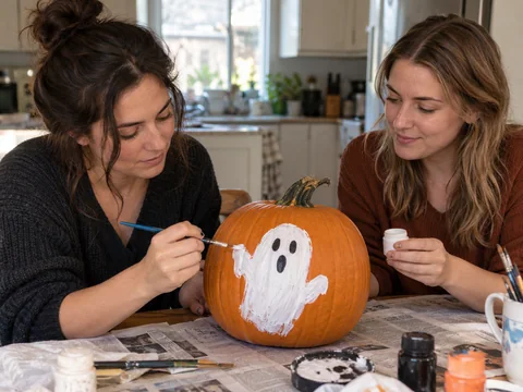 Intact pumpkins painted with friendly ghosts and stars