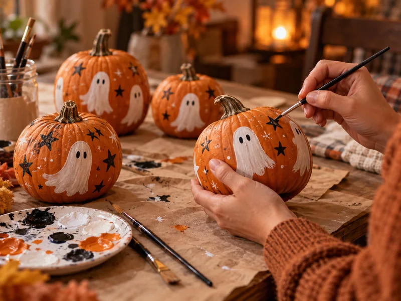 Intact pumpkins painted with ghosts and stars beside a paint palette and brushes
