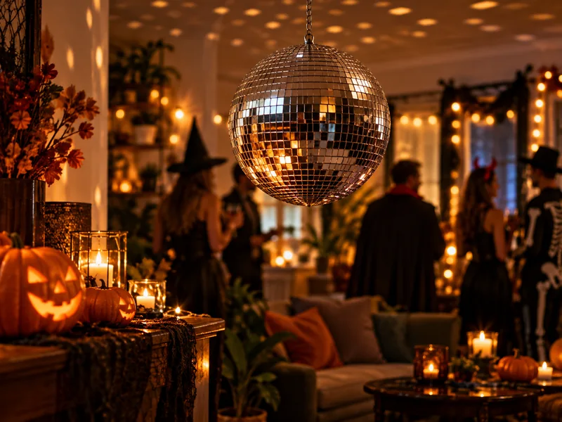 Disco ball and warm lights above a Halloween house party