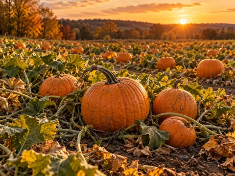 Pumpkins in an autumn field at sunset