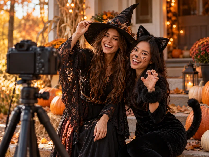 A camera on a tripod facing two friends in homemade Halloween costumes on an autumn porch
