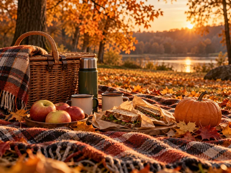 A picnic blanket, basket, mugs, and a small pumpkin among golden autumn leaves