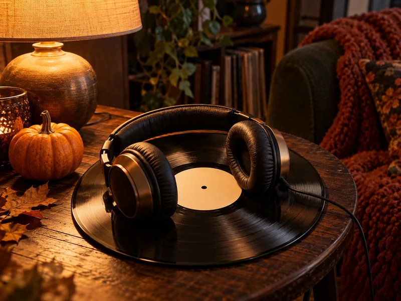 Headphones and a vinyl record beside a small pumpkin and warm lamp
