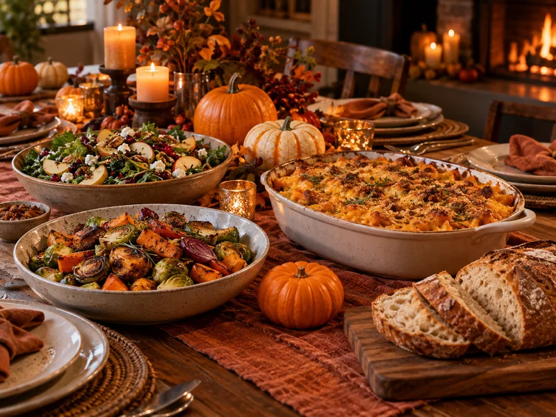 A Halloween potluck table with homecooked food and a pumpkin centerpiece