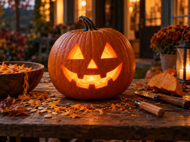 Glowing jack-o'-lantern with pumpkin shavings and carving tools