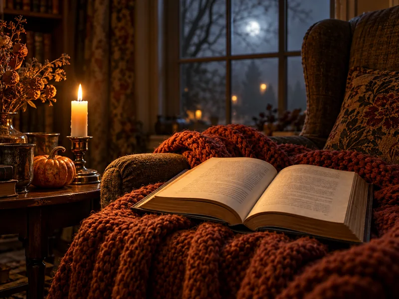 An open storybook, candle, and knitted blanket for a cozy evening