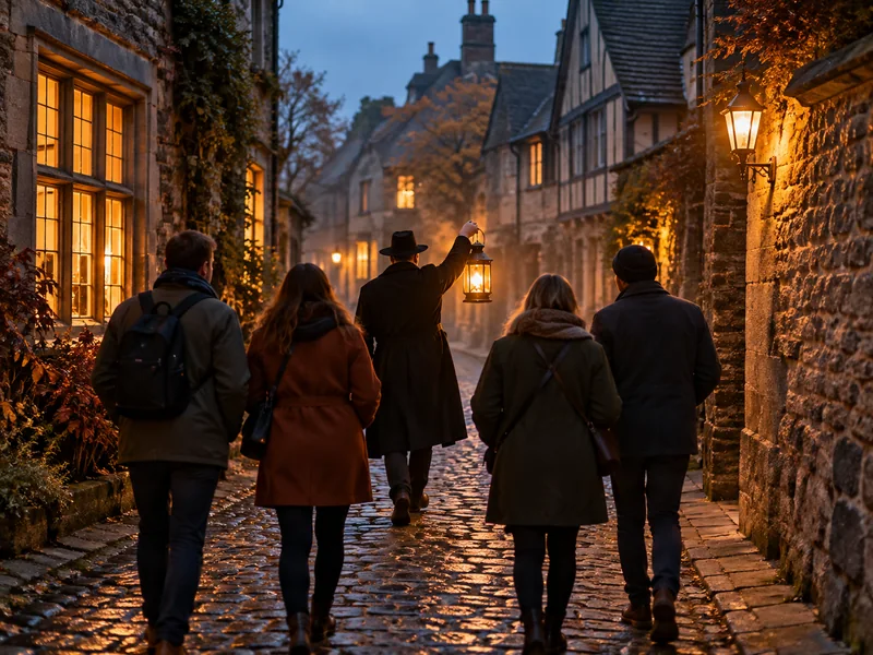 A small group with a lantern exploring a cobbled old-town street at night