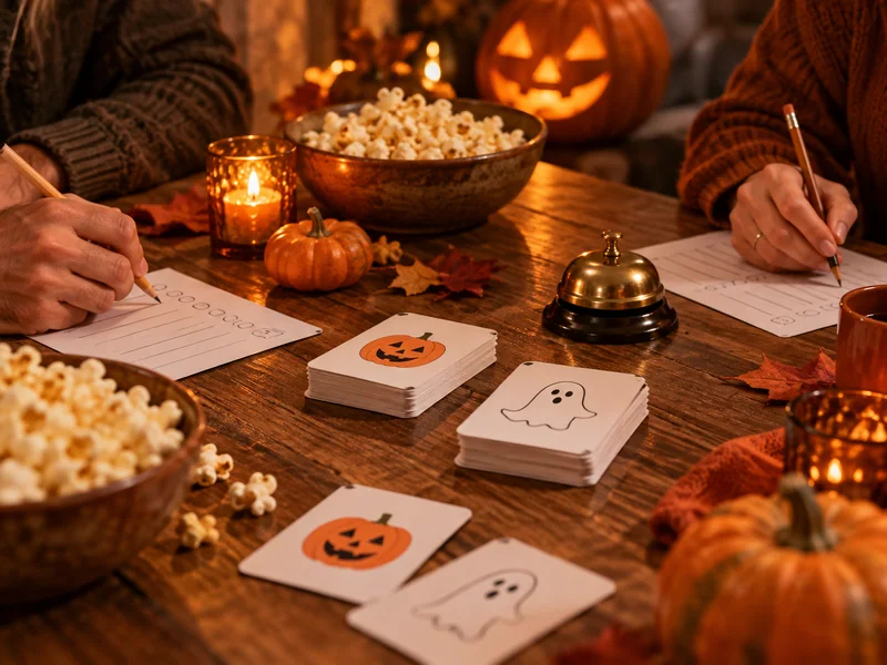 Halloween quiz cards, pencils, answer sheets, and a small bell ready for a trivia night